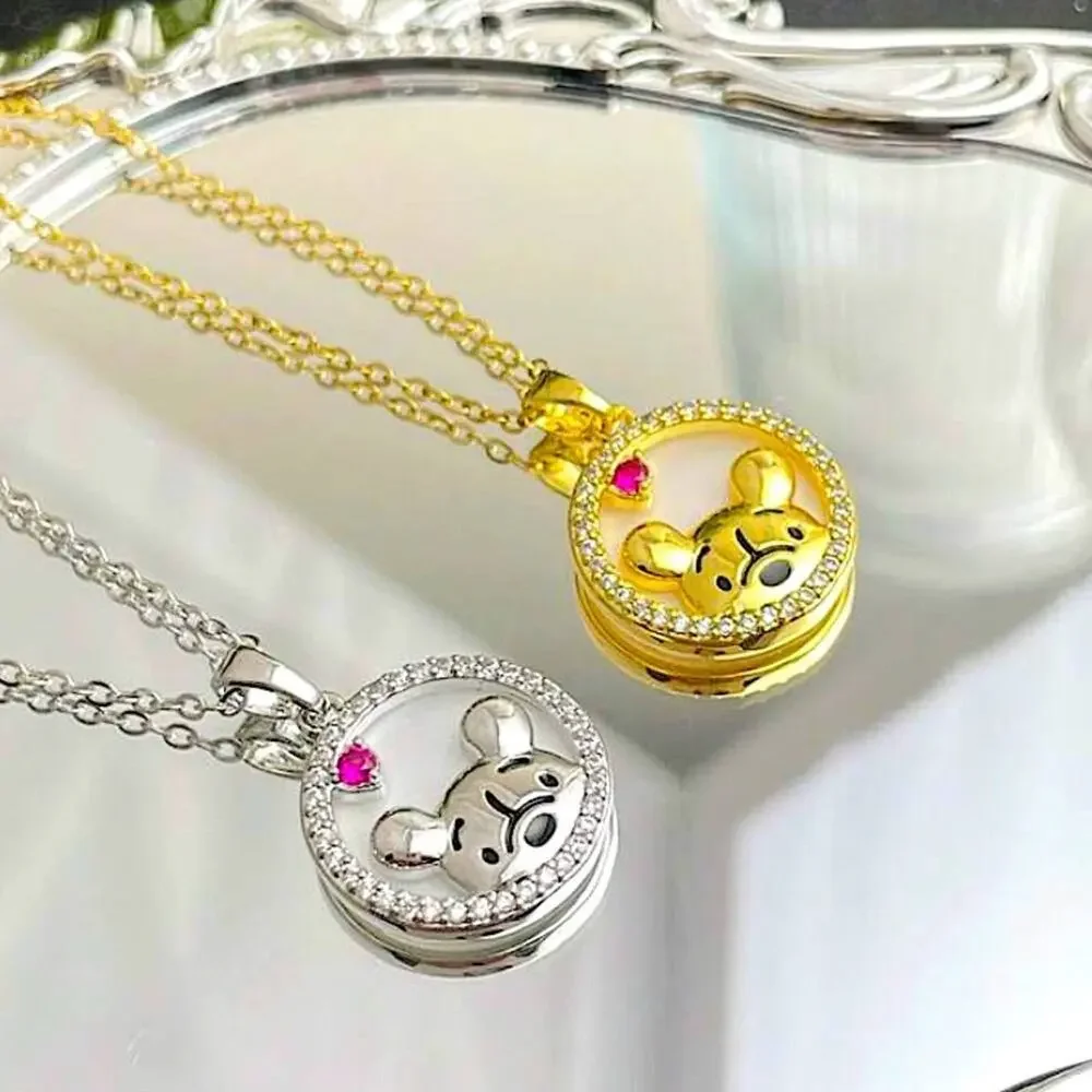 Disney Winnie The Pooh Necklace Charm Gold Plated Crystal Stone